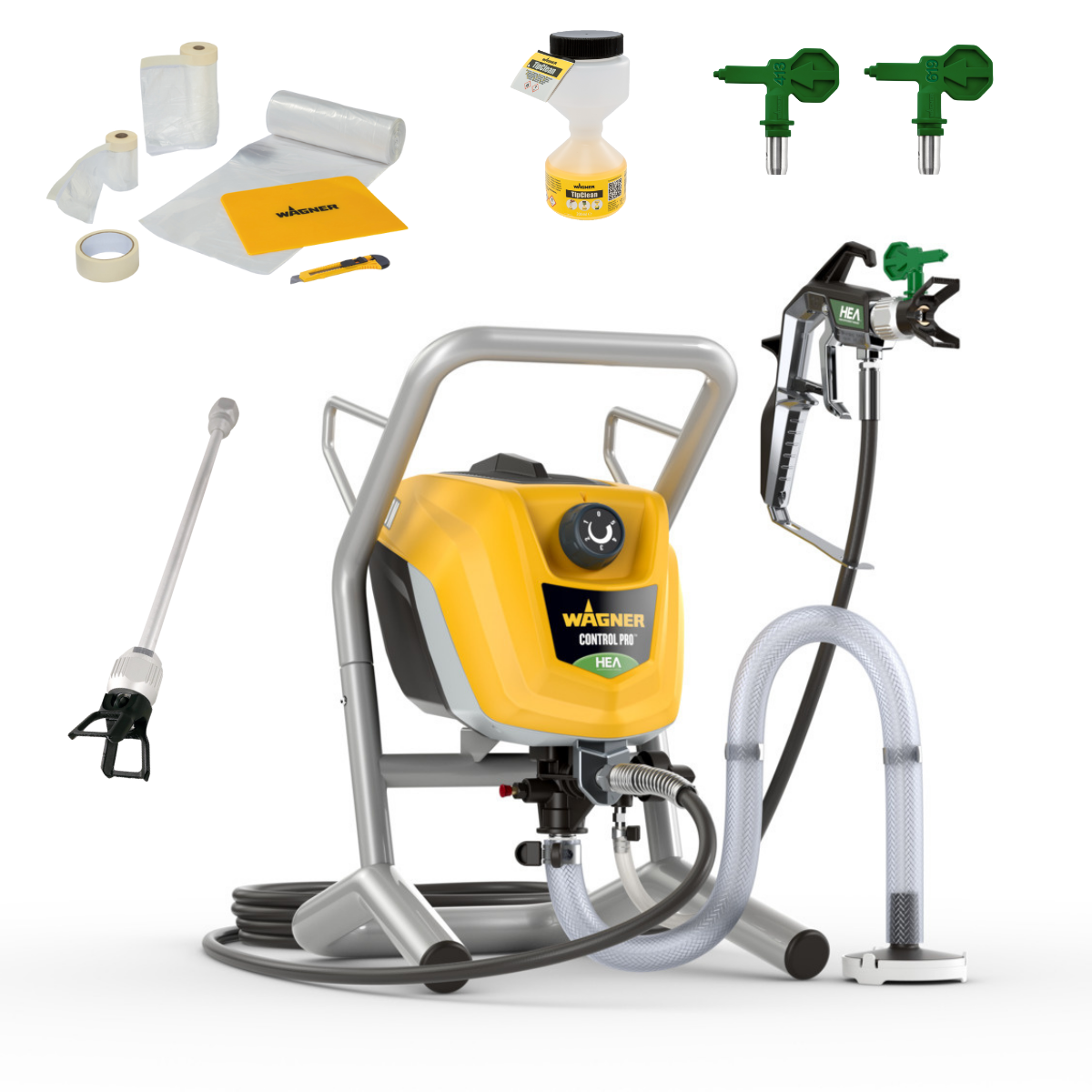 Wagner Airless HEA Control Pro 250M Farbsprühsystem + Verlängerung 30 cm & Düsen 413 + 619 + TipClean + Abdeckset