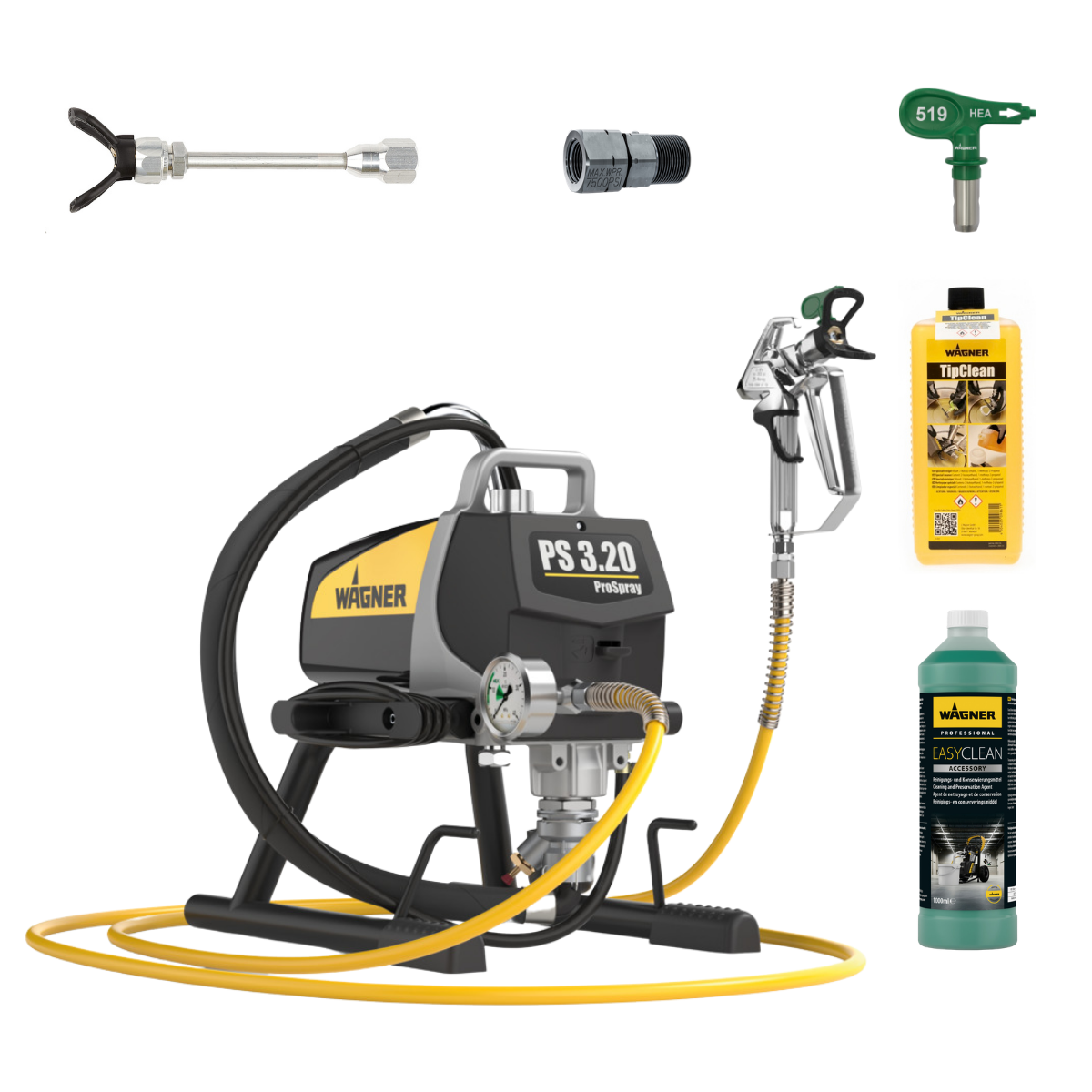 Wagner ProSpray 3.20 HEA Airless + Düsenverlängerung 12,5cm + Düse 519 + FlexTwist S + TipClean + EasyClean 